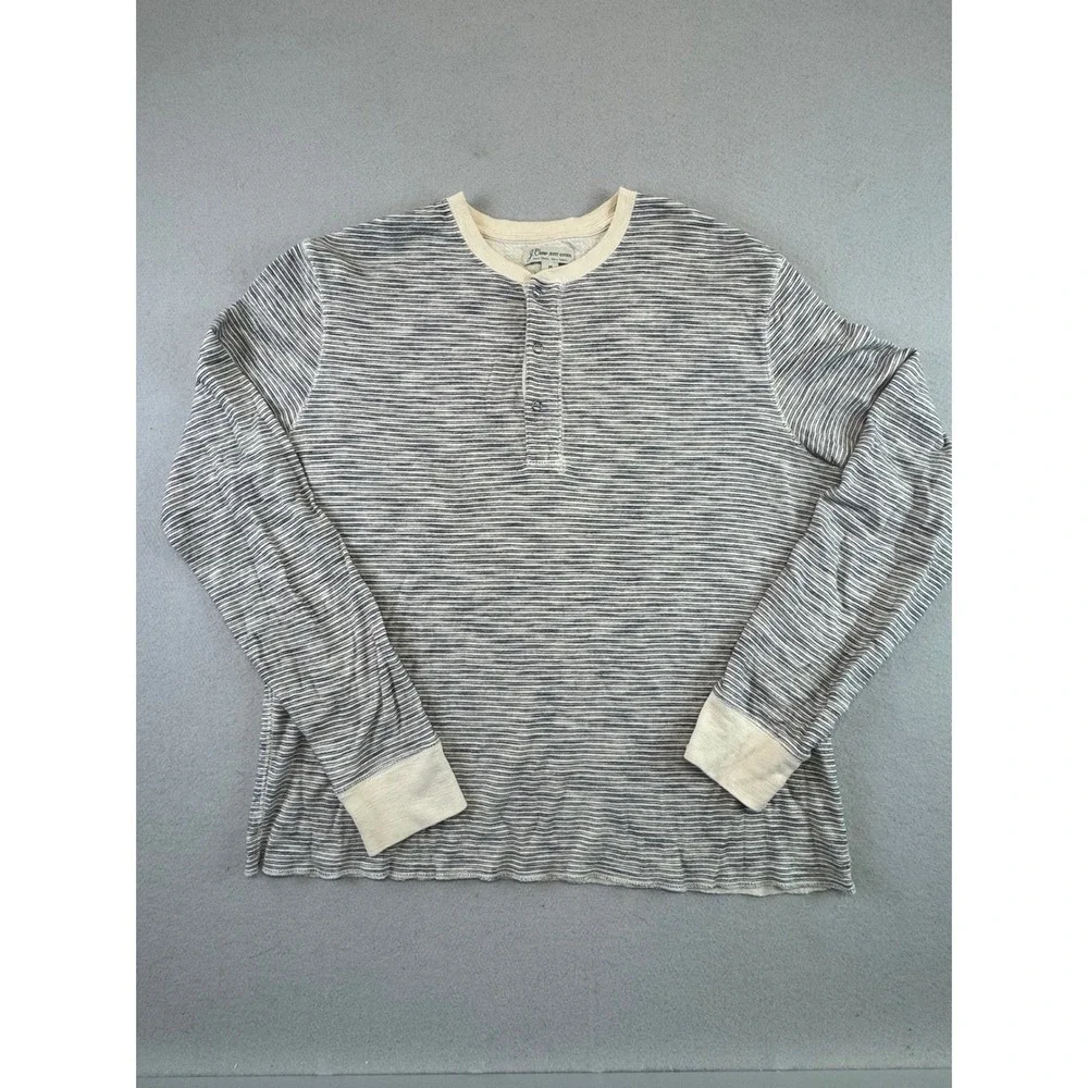 J. Crew Knit Goods Mens Henley Shirt Long Sleeve Striped Navy Cream 100% Cotton